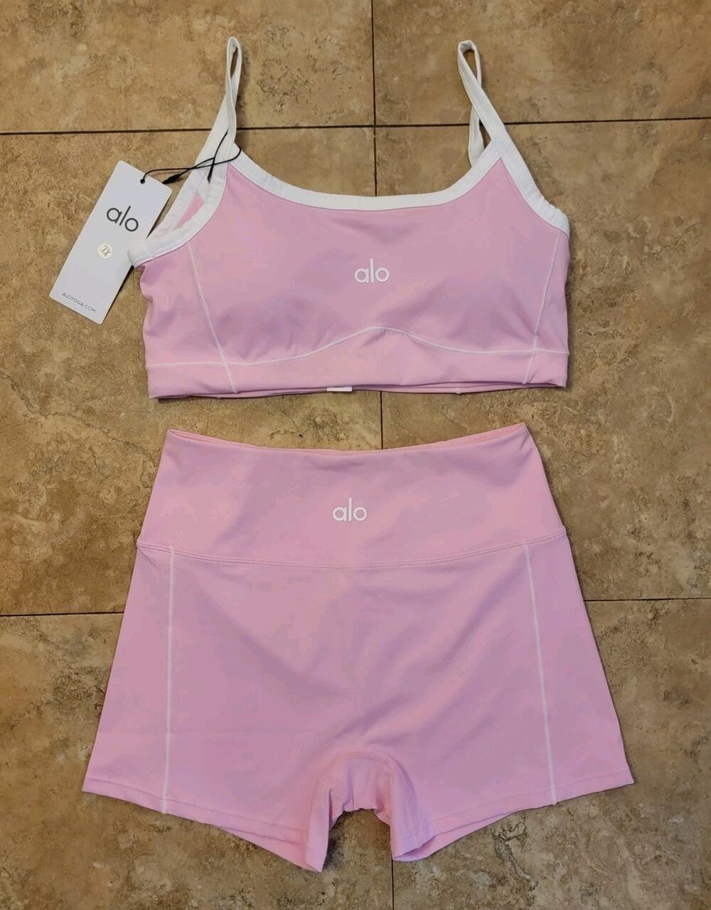 ALO Yoga Pink Spaghetti-Strap Crop Top & High-Waist Shorts Set